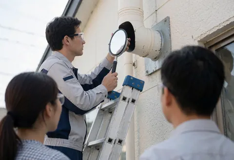 Technician with safety glasses inspects chimney pipe using a mirror on a ladder while clients observe the gas installation service.