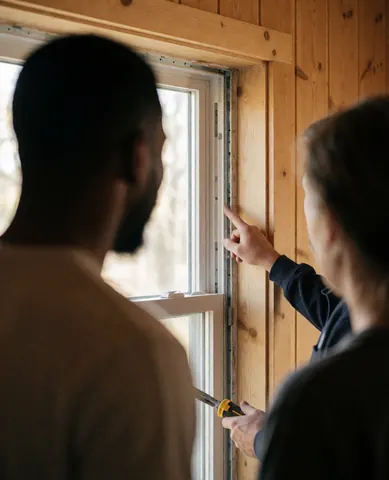 Technician inspecting a glass window in a wooden home with a client, showing aluminum frame and tools