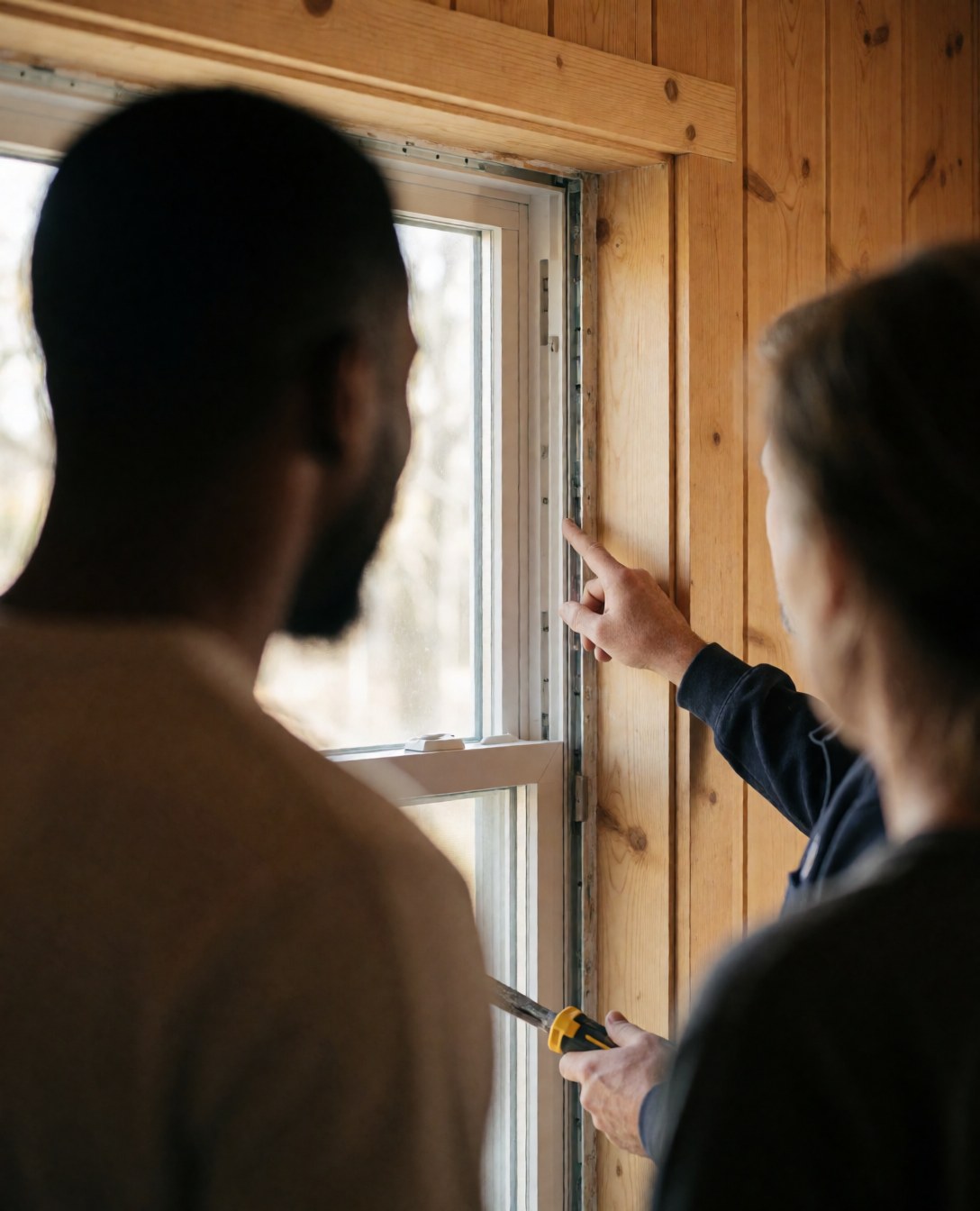 Technician inspecting a glass window in a wooden home with a client, showing aluminum frame and tools
