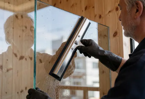 A worker wearing a black glove uses a stainless steel squeegee to clean a glass pane, reflecting on a light wood wall during window cleaning service