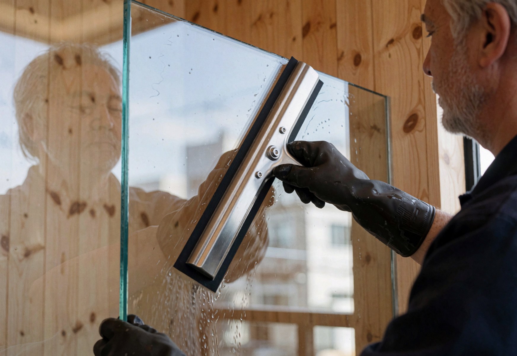 A worker wearing a black glove uses a stainless steel squeegee to clean a glass pane, reflecting on a light wood wall during window cleaning service