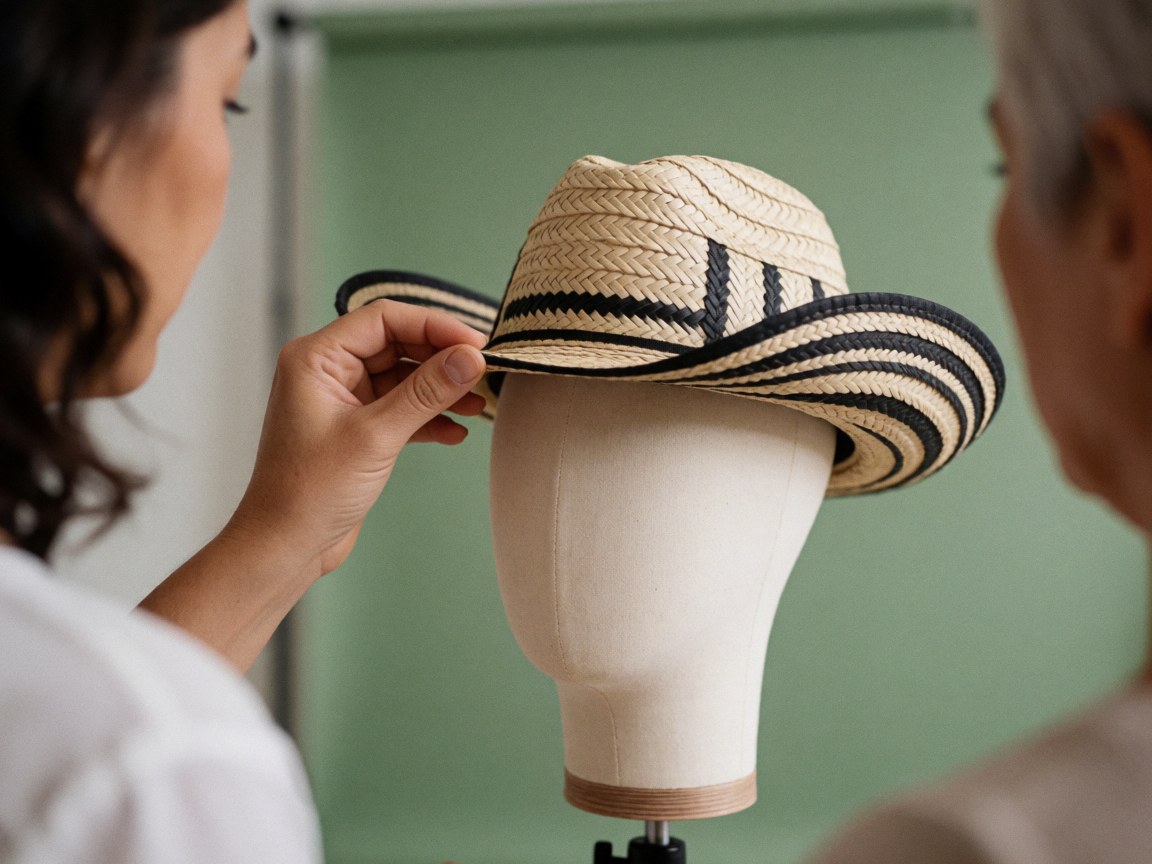 A hand adjusts a striped straw hat on a mannequin head in a studio with green walls.