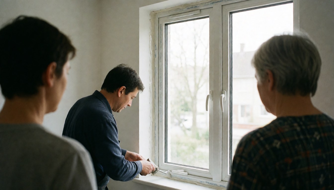A man applies sealant to a glass window in a home with white walls and natural light, demonstrating window repair service.