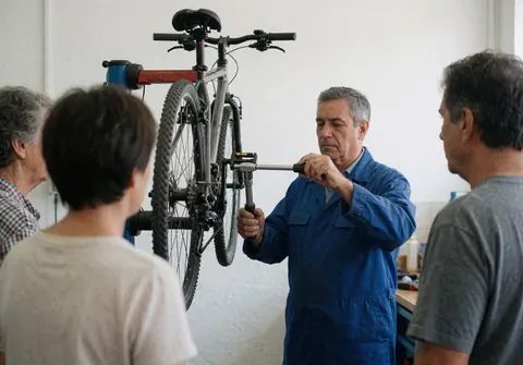 Bike mechanic adjusting chain on suspended bicycle while three people observe the repair service in the workshop