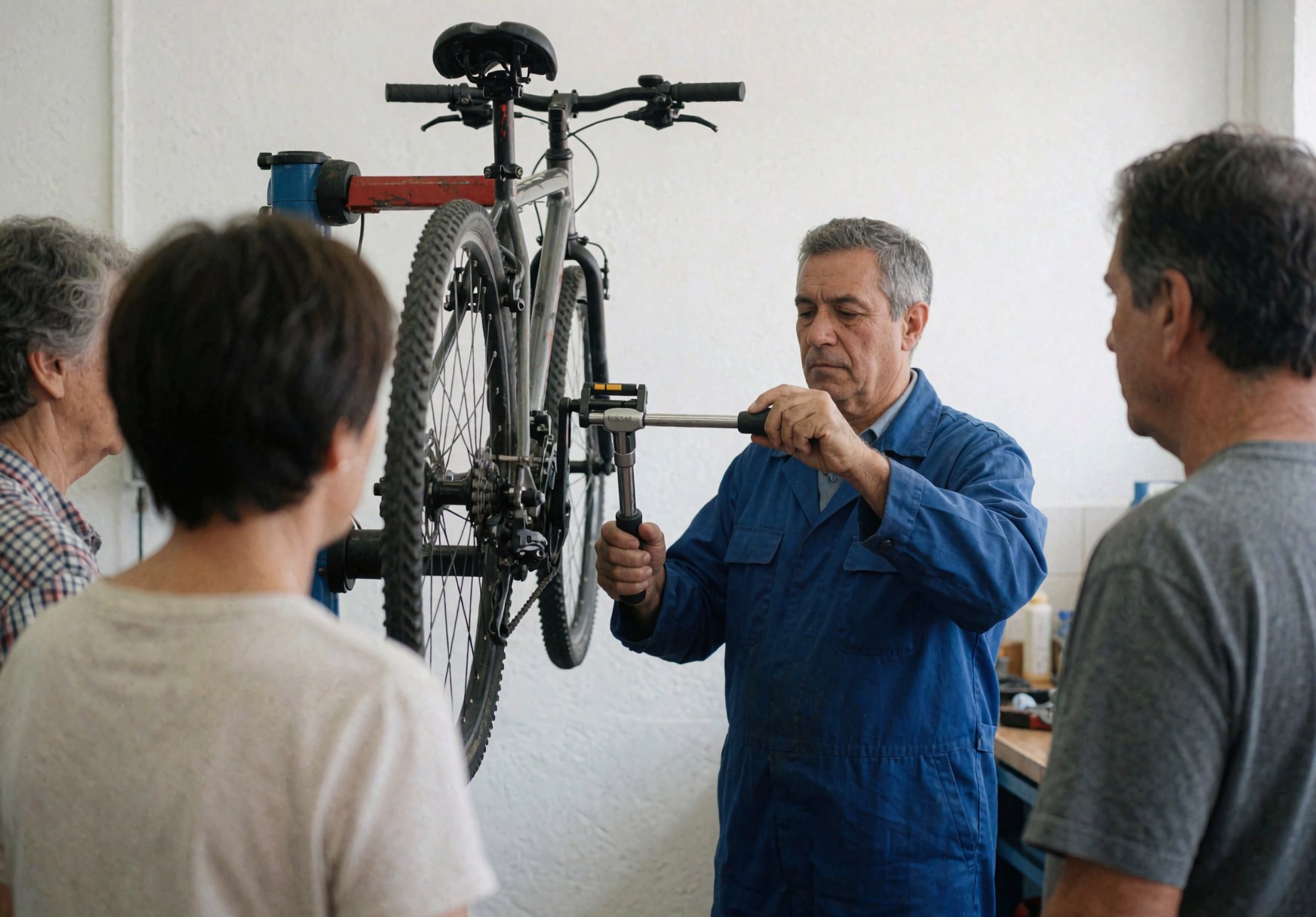 Bike mechanic adjusting chain on suspended bicycle while three people observe the repair service in the workshop