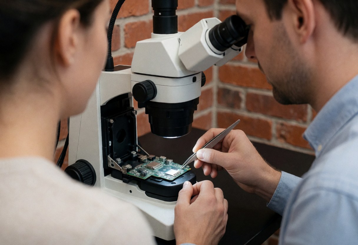 Technician using a microscope to repair a cell phone circuit board in a workshop with a brick wall while another person observes the work.