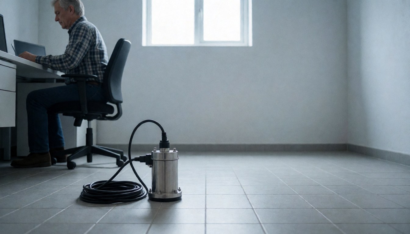 Metal submersible pump with coiled black cable resting on a clean tiled floor in an industrial setting.