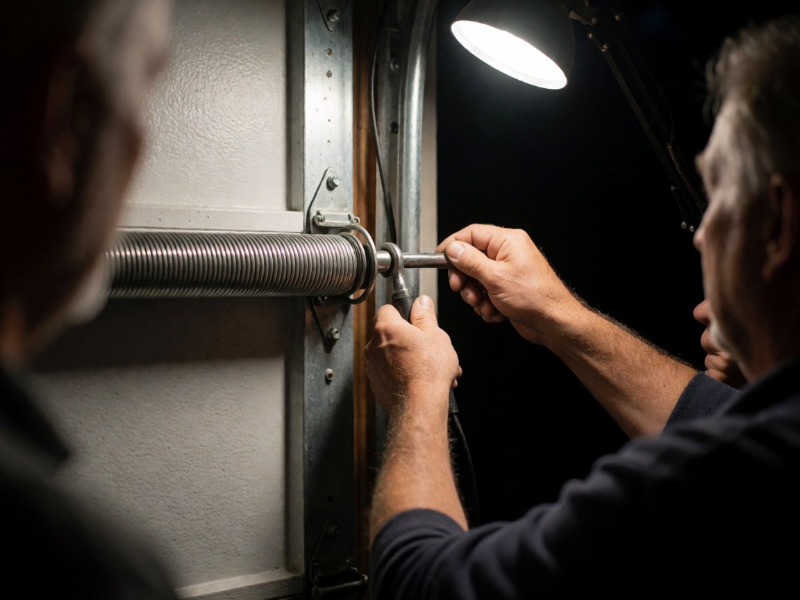 A technician uses a torsion tool to adjust a garage door spring under work light against a gray wall