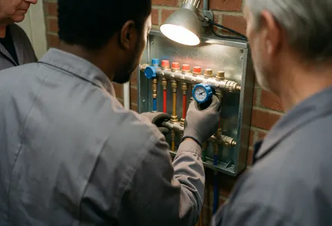 Technician adjusts manifold gauge while three colleagues observe the work in a brick-walled room with bright lighting