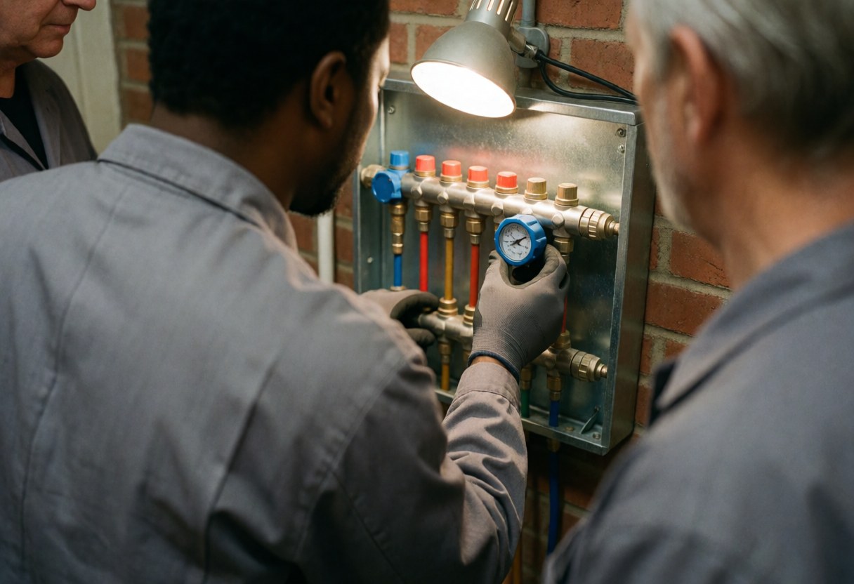 Technician adjusts manifold gauge while three colleagues observe the work in a brick-walled room with bright lighting