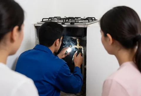 Technician inspecting gas valves with fumigation, gas stove and white walls, oven repair service