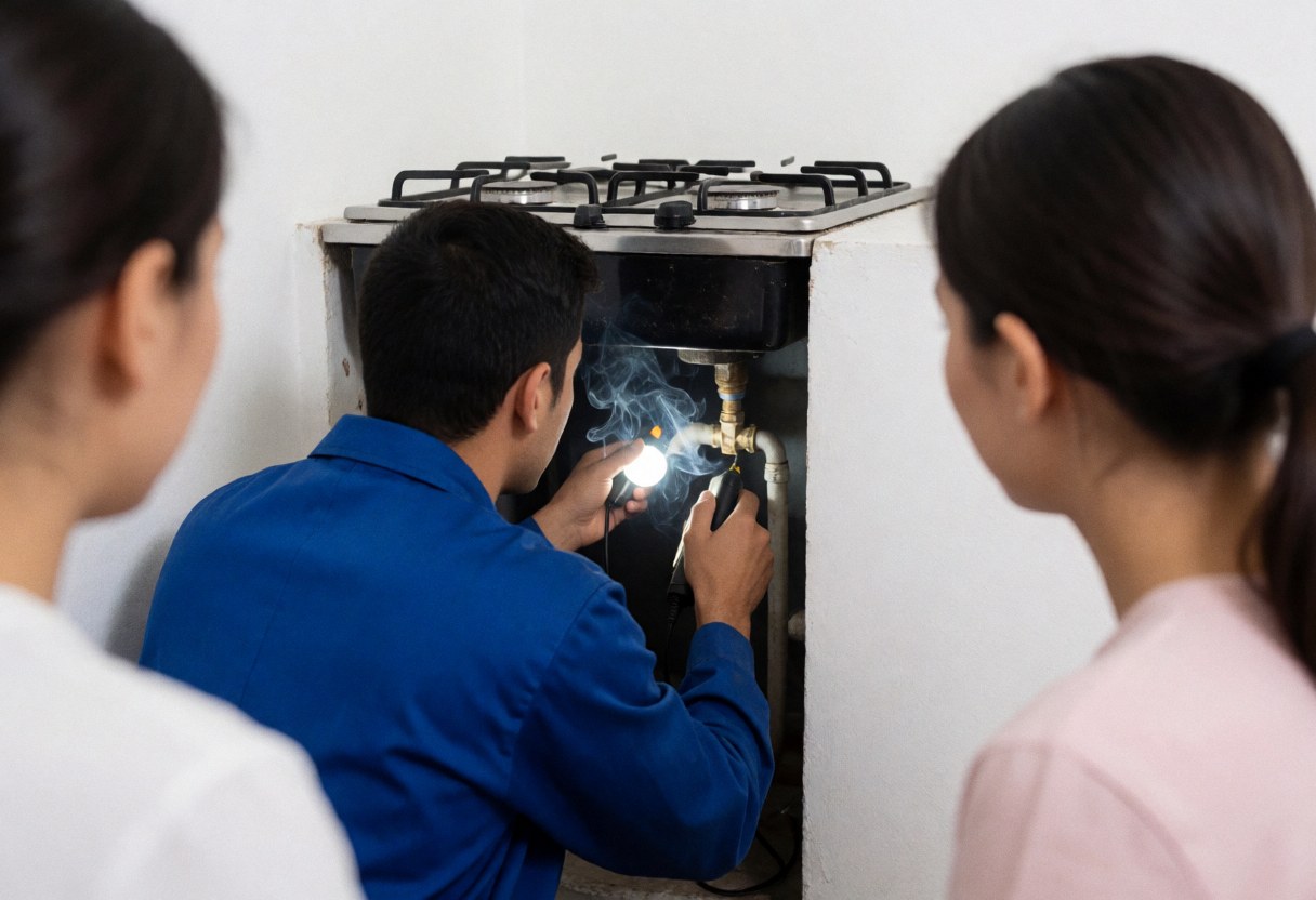 Technician inspecting gas valves with fumigation, gas stove and white walls, oven repair service