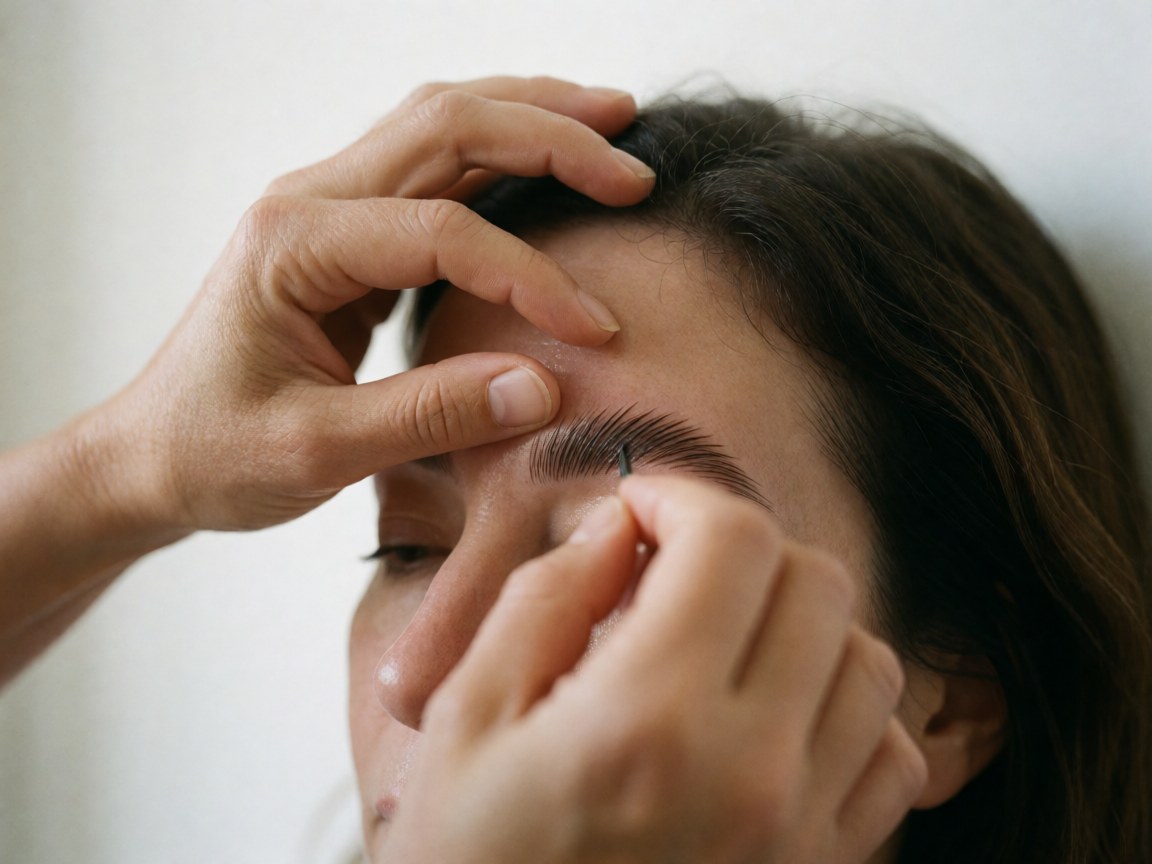 Close-up of a makeup artist using a brush to apply lamination product to an eyebrow during a beauty service