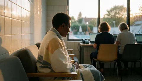 A person wrapped in a towel sits on a chair near a window with a water view, white tiled walls, and warm sunset light.