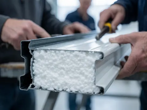 Hands working on a metal panel with white thermal insulation, showing details of garage door construction.