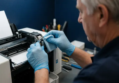 Close-up of a technician wearing blue gloves cleaning a printer head in a workshop with dark blue walls and tools.