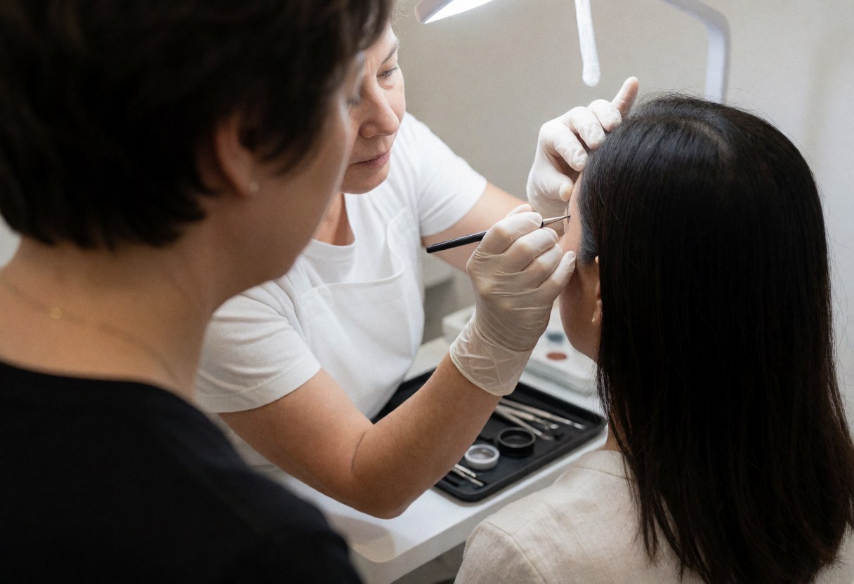 Close-up of eyebrow lamination service with pigment application using a fine tool in a salon setting