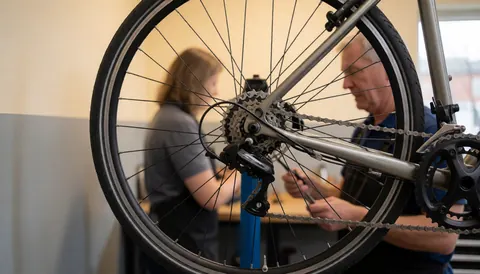 Technician adjusting a bicycle chain mounted on a repair stand with another person in the background