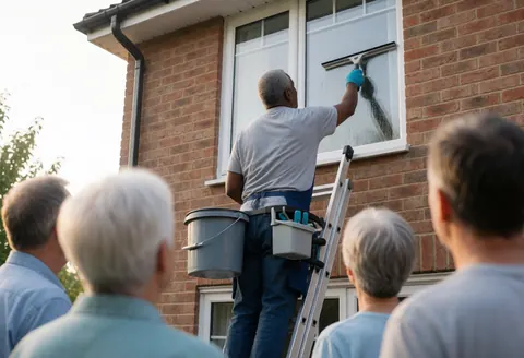 A man uses a squeegee and bucket to clean a house window while standing on a ladder, with bystanders watching the service.