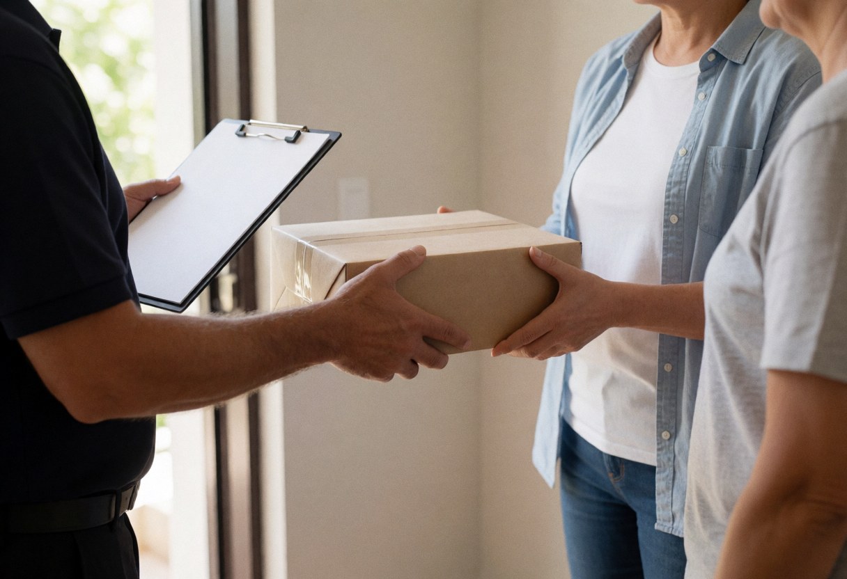 Delivery person accepting a package at the front door during last-mile logistics service