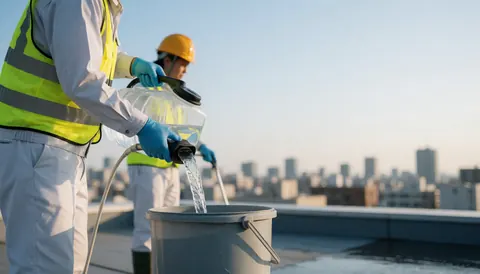 Worker in safety vest pours water from container into bucket on rooftop with city view, preparing tools for window cleaning.