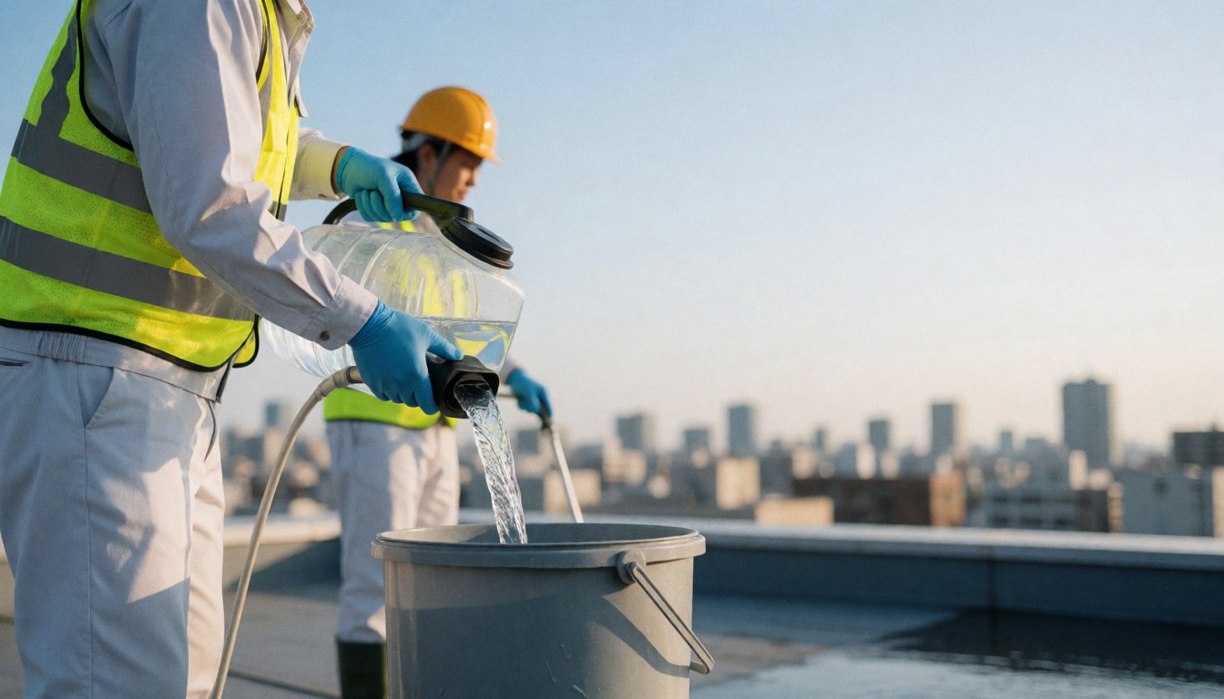 Worker in safety vest pours water from container into bucket on rooftop with city view, preparing tools for window cleaning.