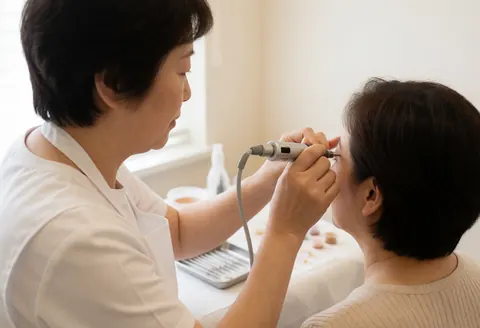 Close-up of a technician using a rotary machine to apply makeup on a client's eyebrows in a clean salon setting with white walls and sterile tools.