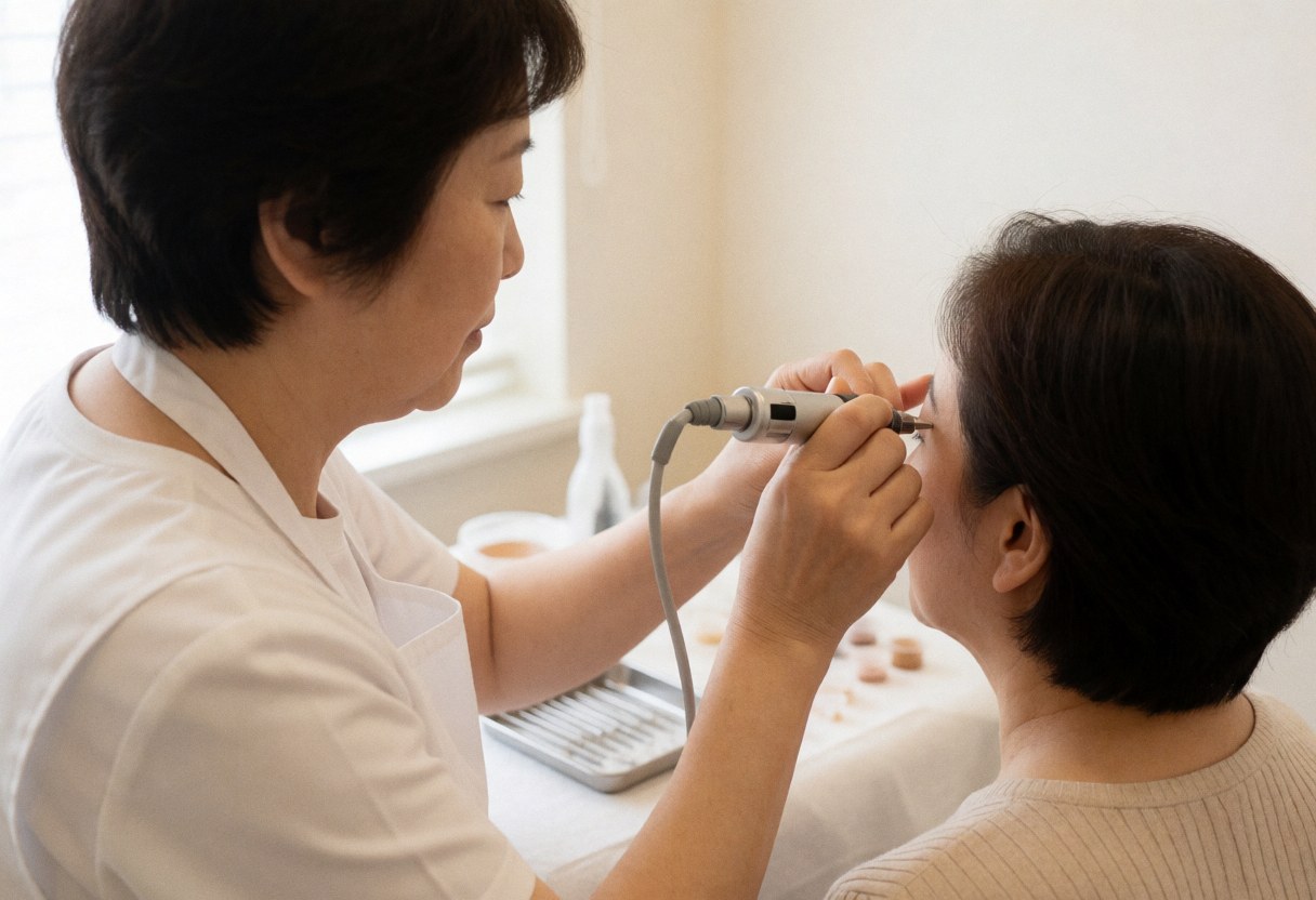 Close-up of a technician using a rotary machine to apply makeup on a client's eyebrows in a clean salon setting with white walls and sterile tools.