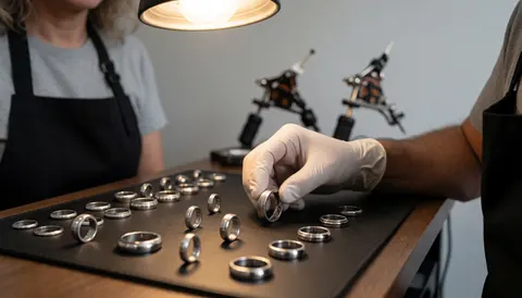 Close-up of a tattoo artist wearing gloves selecting surgical steel rings on a work table with tattoo equipment in the background.
