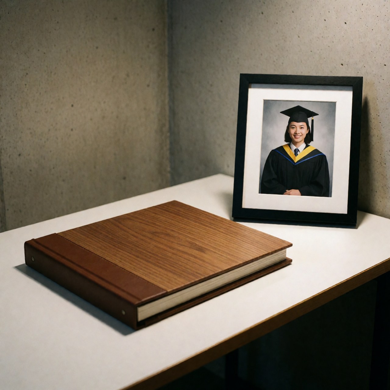 Wooden photo album with framed graduation picture on white table against concrete wall with warm lighting