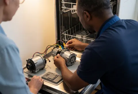 Technician connecting new motor with wires during dishwasher repair service in action