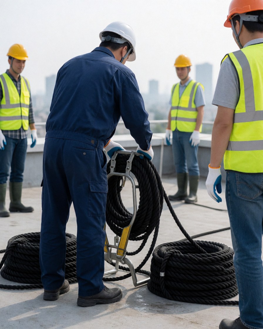 Workers wearing helmets and vests on a roof with black anchor ropes preparing equipment for high-rise construction work