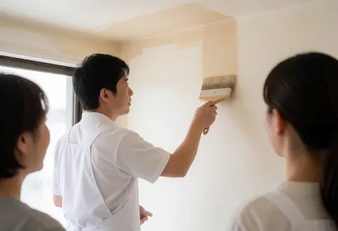 A painter applies two-tone paint to a wall corner while two people observe the professional work in progress.