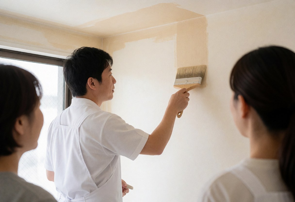 A painter applies two-tone paint to a wall corner while two people observe the professional work in progress.