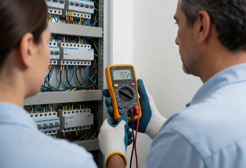 Technician inspects multimeter connected to electrical panel during elevator repair, wearing insulated gloves with organized cables visible