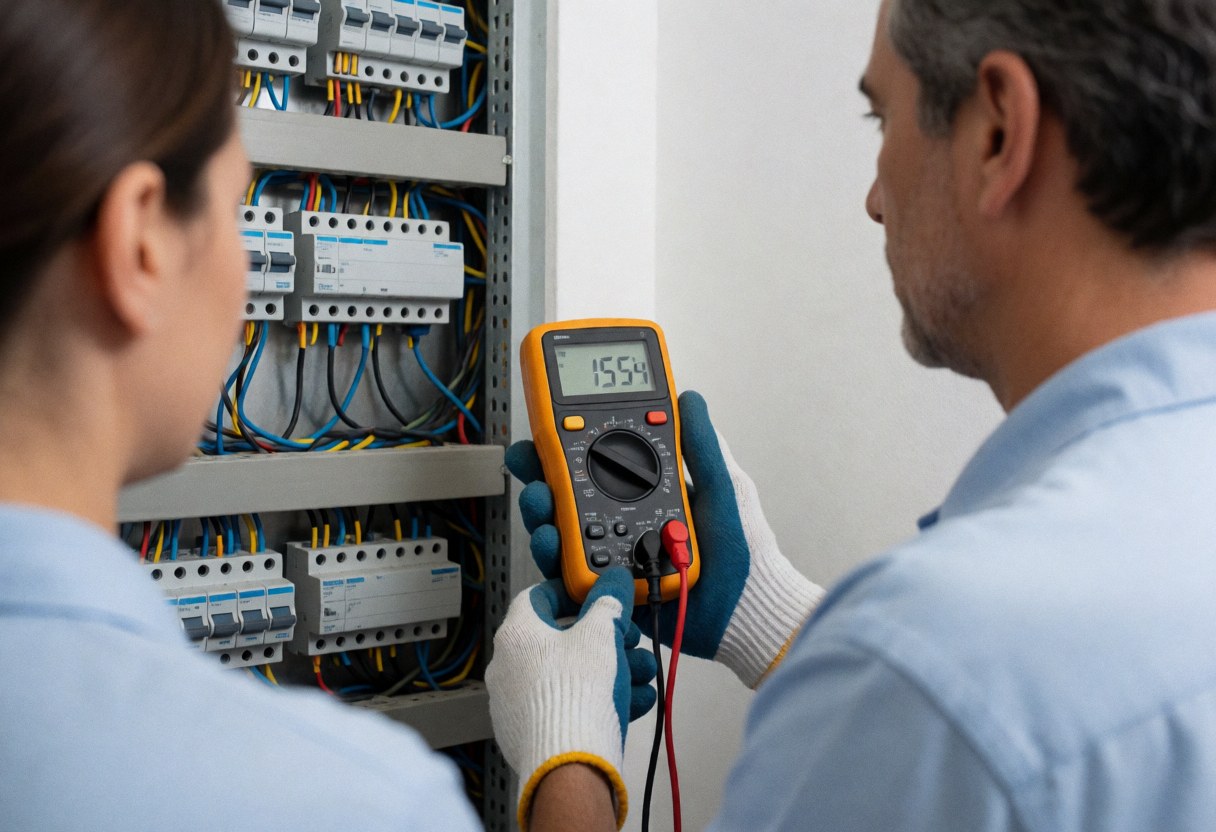 Technician inspects multimeter connected to electrical panel during elevator repair, wearing insulated gloves with organized cables visible
