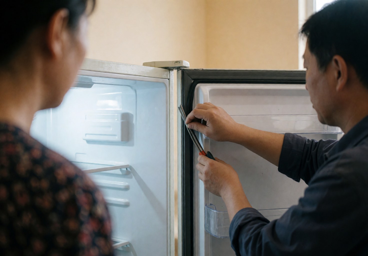 Technician installs sealant on white refrigerator door while customer observes in beige room