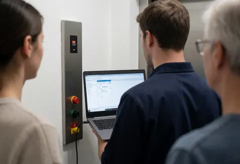 Technician checking elevator control panel using a laptop while two people observe the repair service against a white wall
