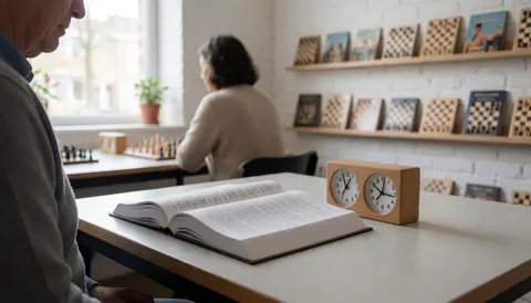 Open chess theory book and wooden chess clock on a table with shelves of boards in the background