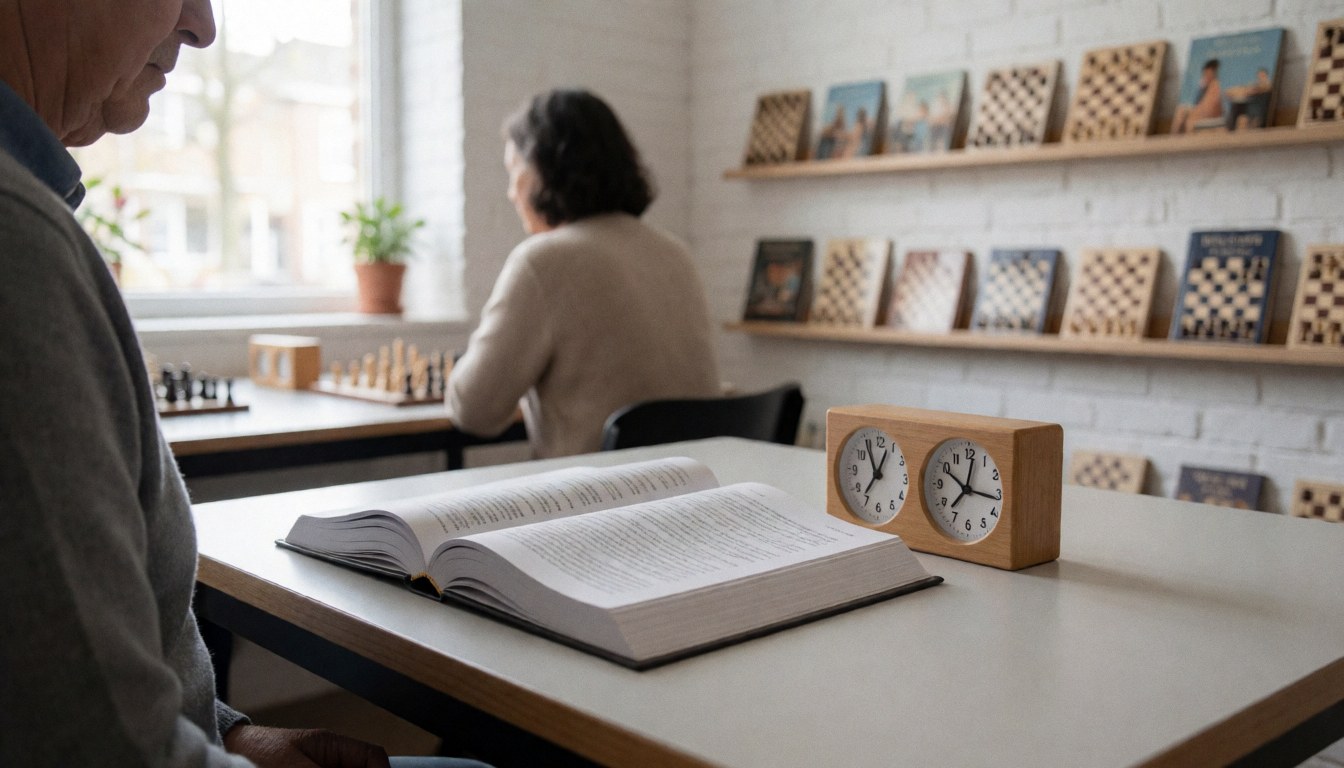 Open chess theory book and wooden chess clock on a table with shelves of boards in the background