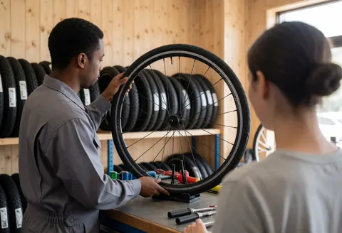 A mechanic inspects a bicycle wheel in a workshop with tire shelves while a customer watches the service.