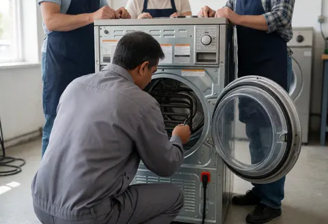Technician checking the heating element of an open commercial dryer in a workshop with concrete floor and natural light