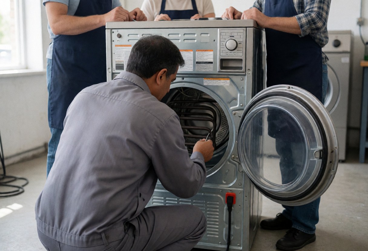 Technician checking the heating element of an open commercial dryer in a workshop with concrete floor and natural light