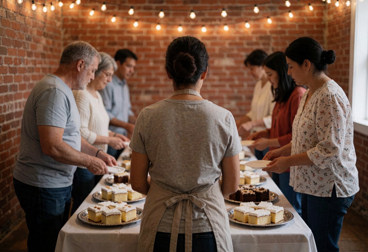 Guests serving desserts at a long table with a brick wall and string lights in the background