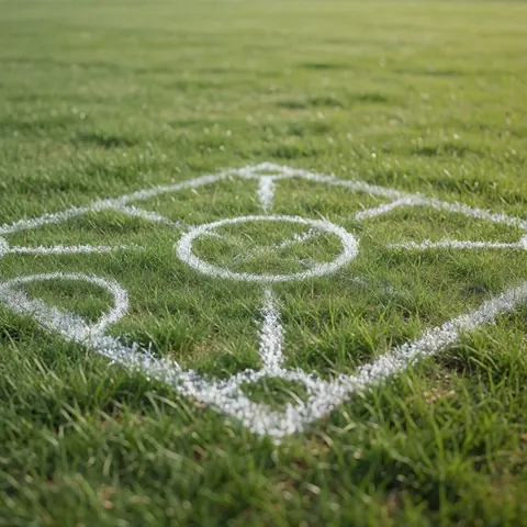 White chalk lines forming a tactical soccer training pattern on green grass, ideal for soccer coaches planning team drills and strategies.