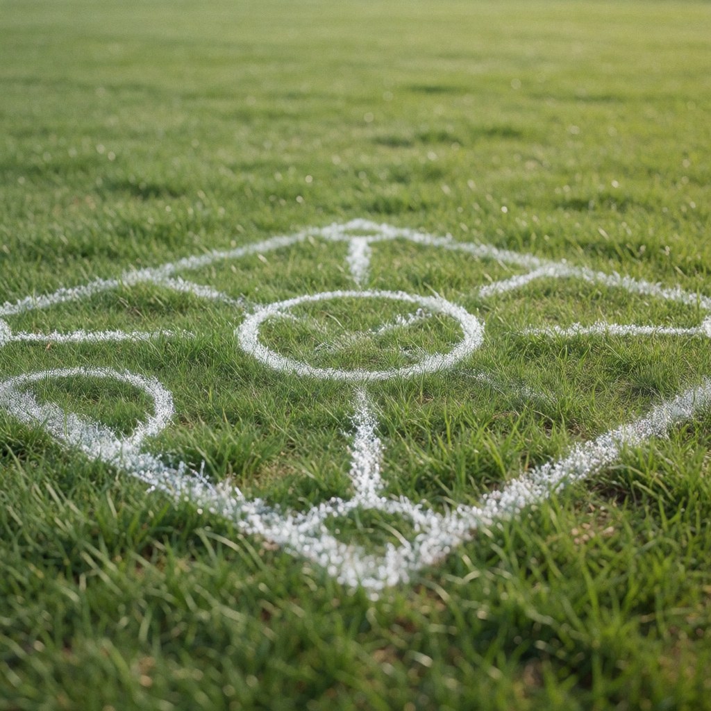 White chalk lines forming a tactical soccer training pattern on green grass, ideal for soccer coaches planning team drills and strategies.