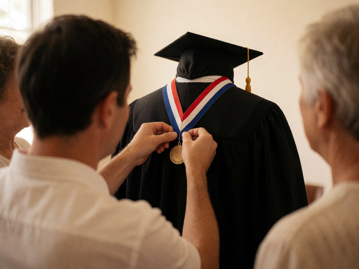 Close-up of hands adjusting a red, white, and blue ribbon medal on a graduation gown against a light background.