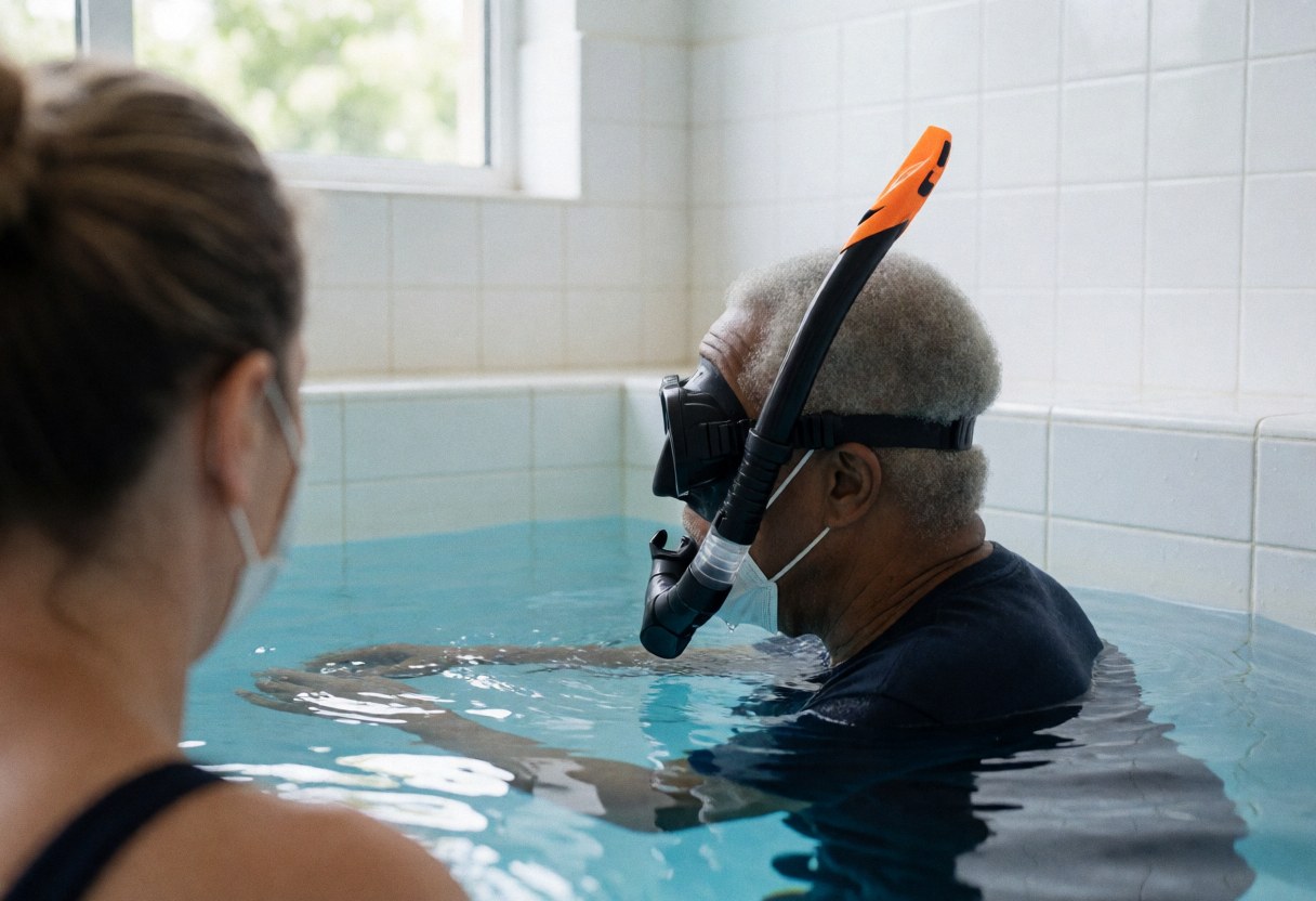 Swimming coach wearing a snorkel and mask in a pool, observed by another person with a mask, white tiled walls and clear water.