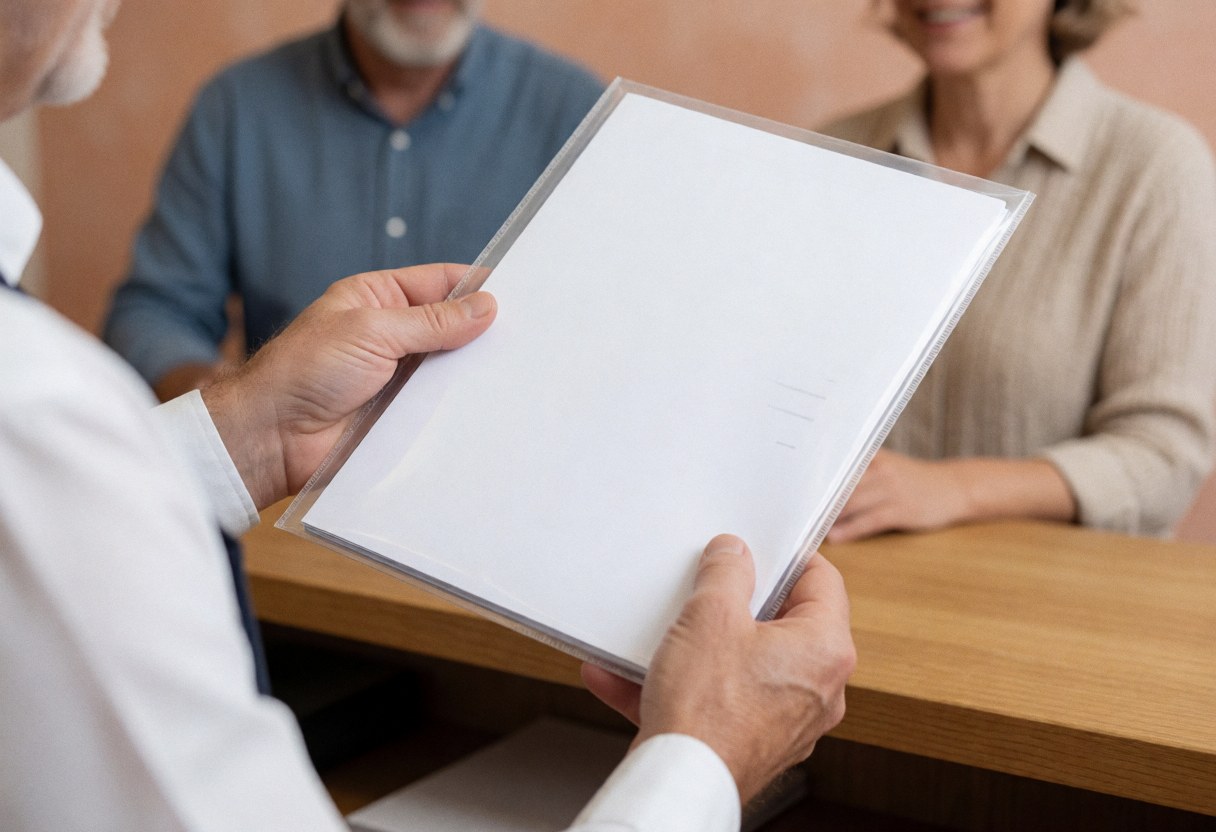 Hands placing a white document into a clear protective sleeve on a wooden desk in an office setting.