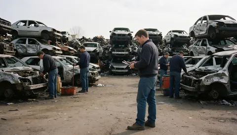 Workers inspecting damaged vehicles at a scrap yard with piles of car bodies and tools visible